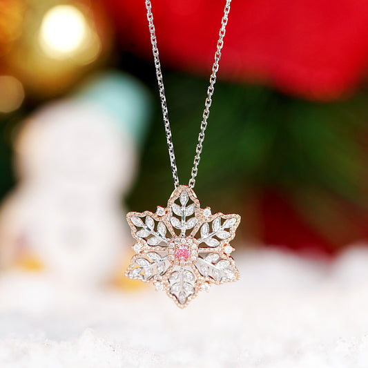Christmas Pink Diamond Snowflake Pendant in 18K Gold