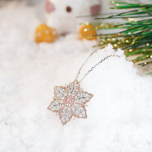 Christmas Pink Diamond Snowflake Pendant in 18K Gold