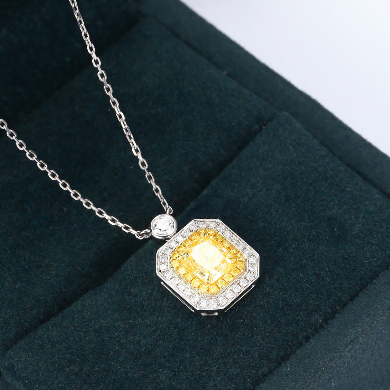 Cushion Cut Yellow Diamond Pendant with Chic Perfume Bottle Designer -Perspective Close-up