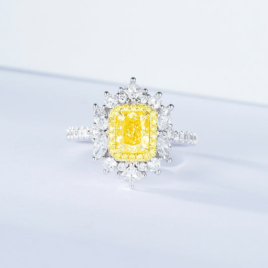 Cushion Cut Yellow Diamond Halo Engagement Ring with Pavé Setting in 18K White Gold