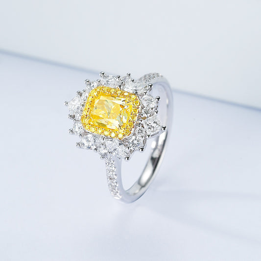 Cushion Cut Yellow Diamond Halo Engagement Ring with Pavé Setting in 18K White Gold