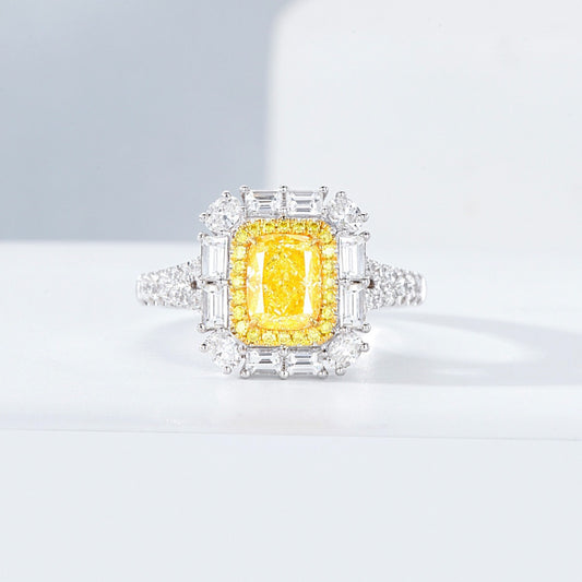 Cushion Cut Yellow Diamond Halo Engagement Ring with Pavé Setting in 18K White Gold