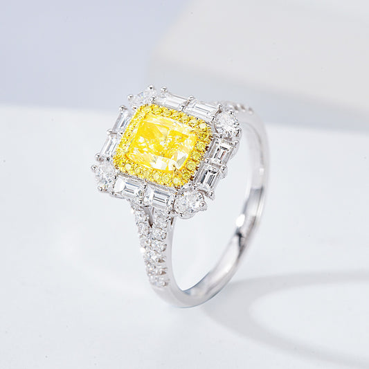 Cushion Cut Yellow Diamond Halo Engagement Ring with Pavé Setting in 18K White Gold