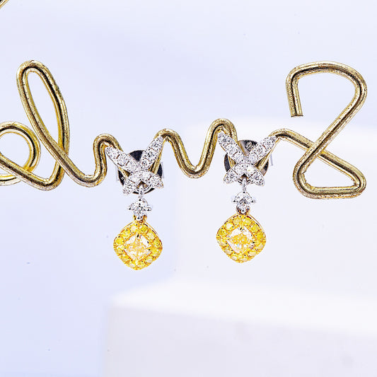 Cushion Cut Yellow Diamond Drop Earrings in White Gold