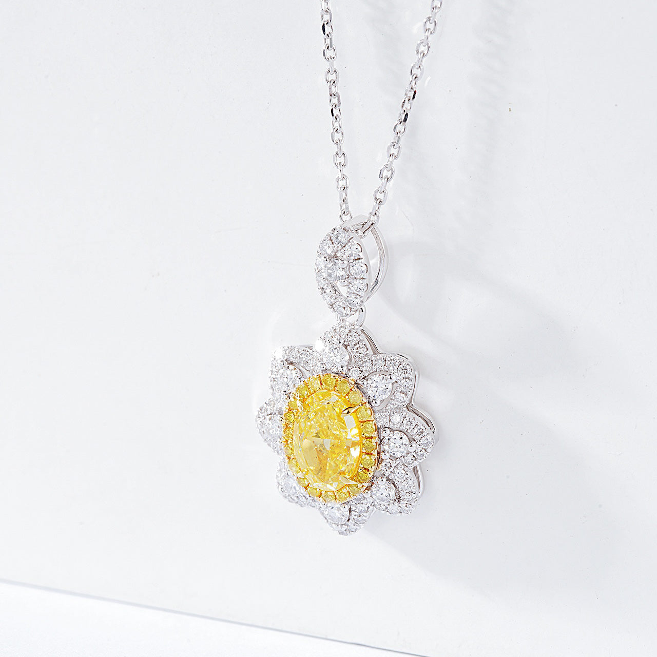 Oval Cut Yellow Diamond Pendant with Sunflower Diamond Halo -Side Angle