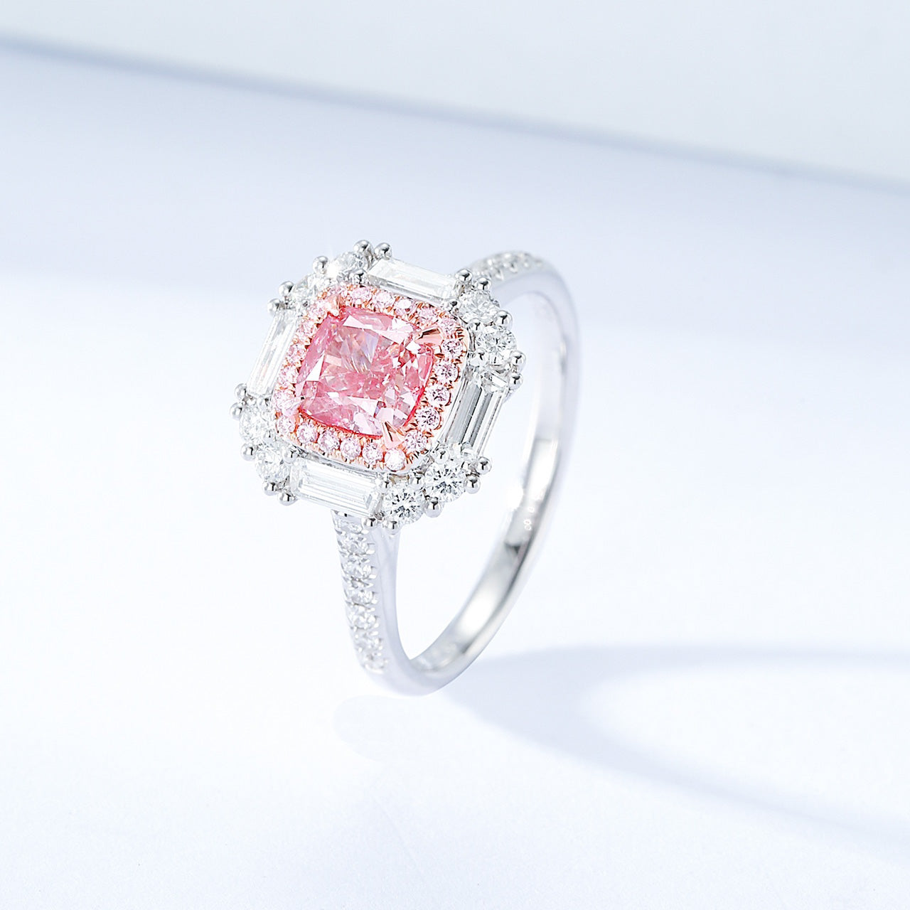 Cushion Cut Pink Diamond Halo Ring with Baguette and Round Accents -Side Angle