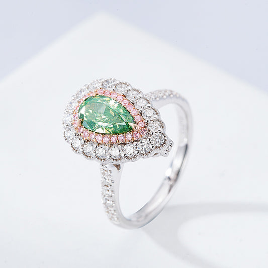 Pear Shaped Green Diamond Halo Engagement Ring with Pavé Setting