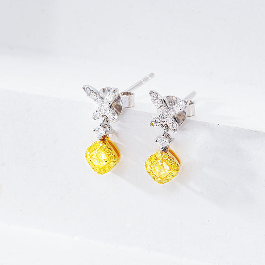 Cushion Cut Yellow Diamond Drop Earrings in White Gold