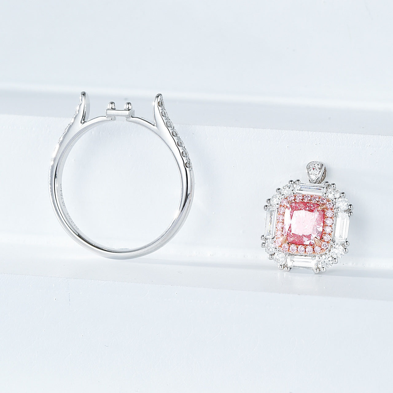 Cushion Cut Pink Diamond Halo Ring with Baguette and Round Accents -Top View