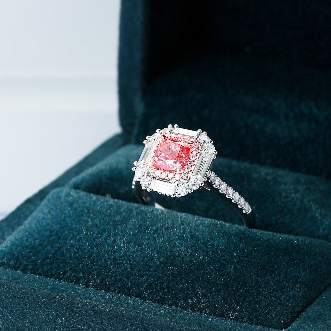 Cushion Cut Pink Diamond Halo Ring with Baguette and Round Accents -In-Box Display