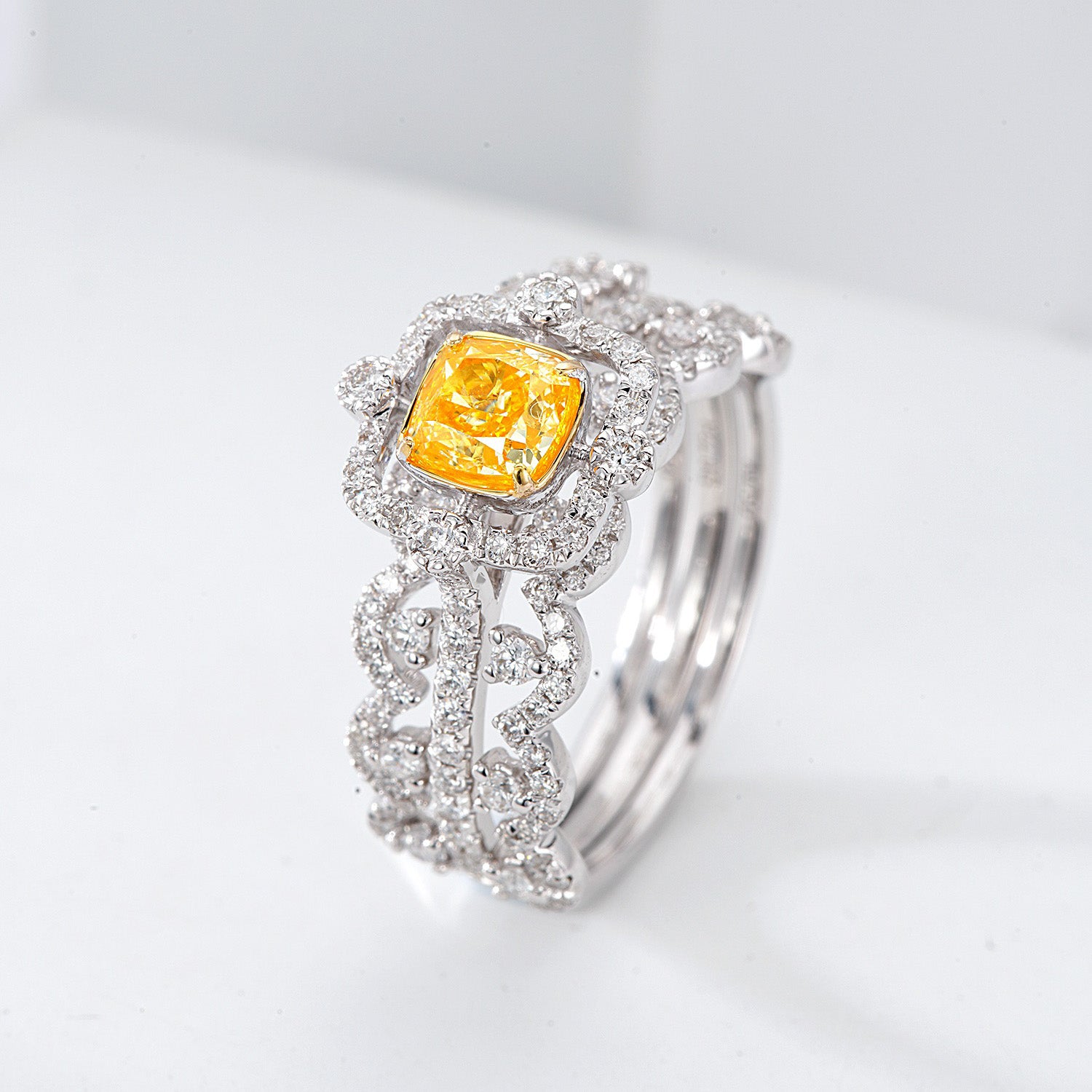 Cushion Cut Yellow Diamond Halo Ring with Interwoven Diamond Band -Side Angle