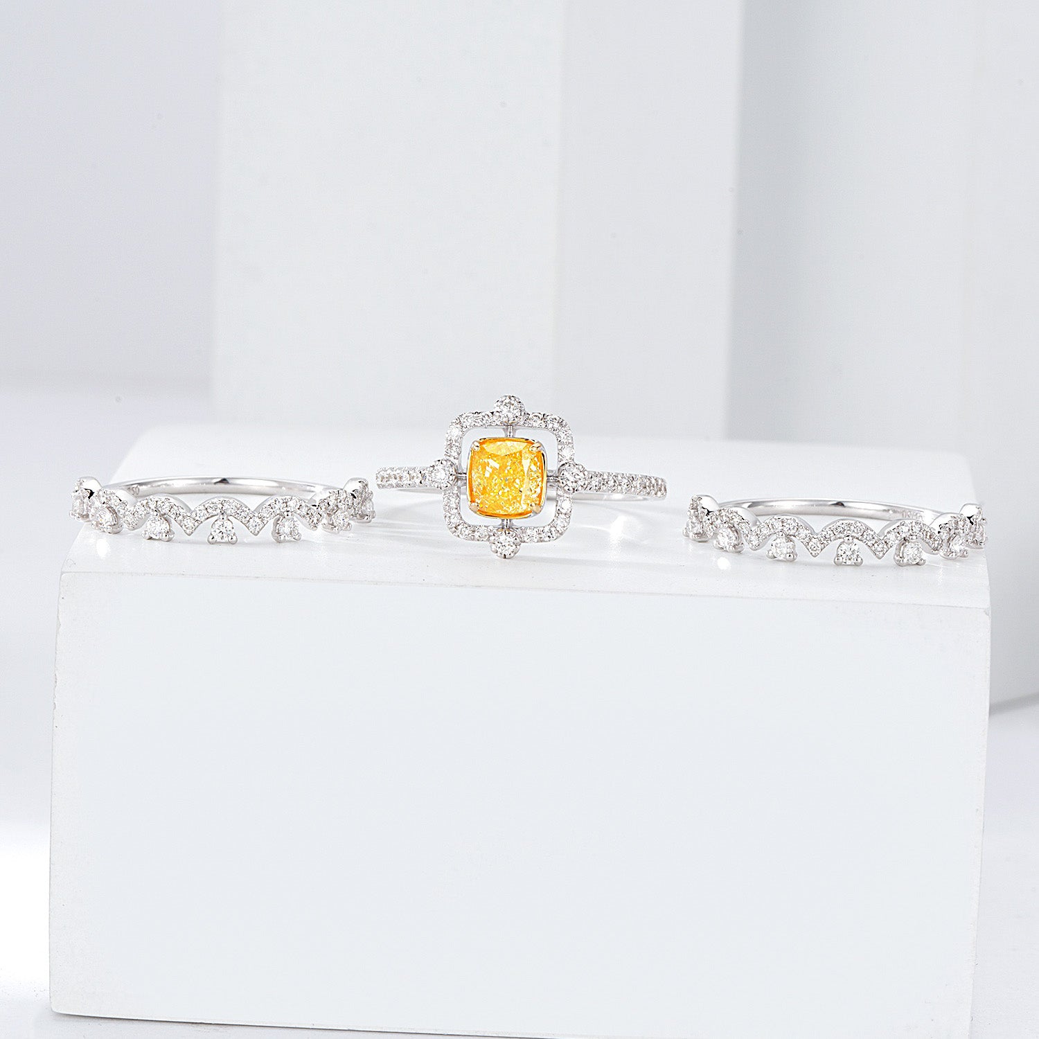Cushion Cut Yellow Diamond Halo Ring with Interwoven Diamond Band -Top View