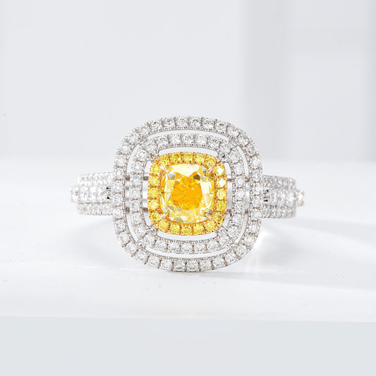 Cushion Cut Yellow Diamond Engagement Ring with Pavé Halo Setting in 18K White Gold