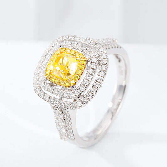 Cushion Cut Yellow Diamond Engagement Ring with Pavé Halo Setting in 18K White Gold