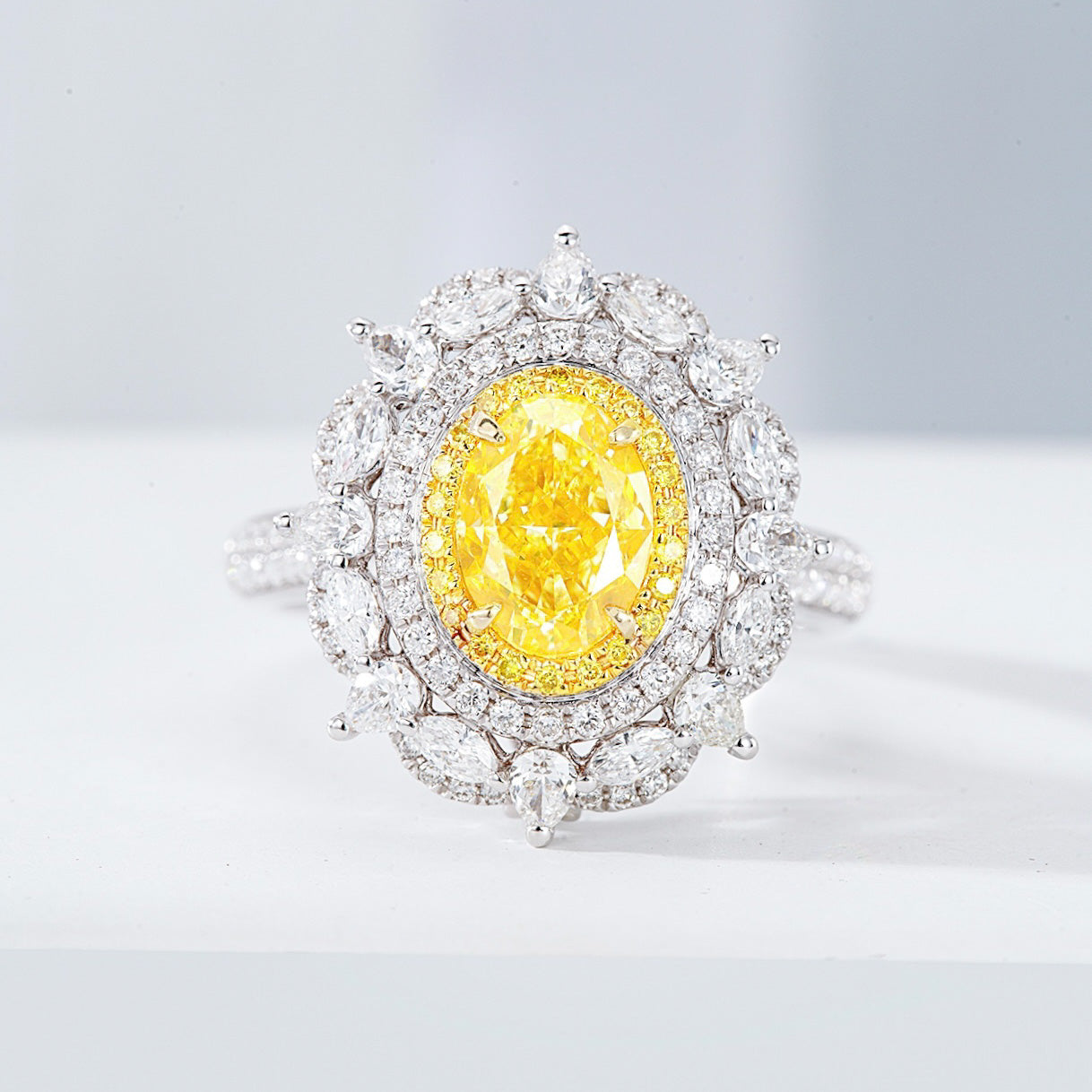 Oval Cut Yellow Diamond Double Halo Engagement Ring with Floral Marquise Diamond Accents -Front View