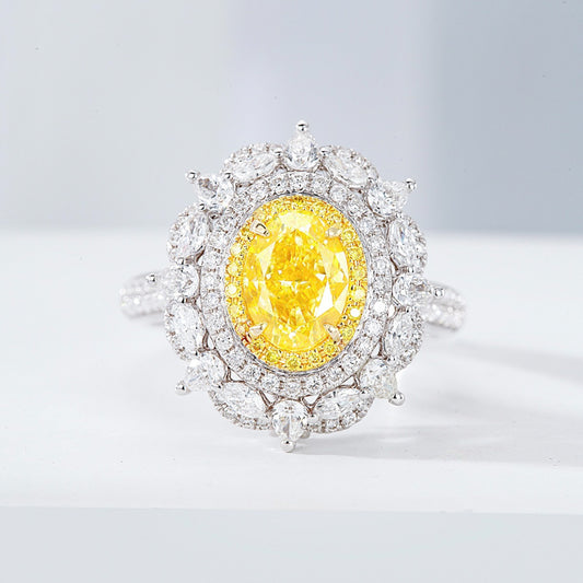 Oval Cut Yellow Diamond Double Halo Engagement Ring with Floral Marquise Diamond Accents