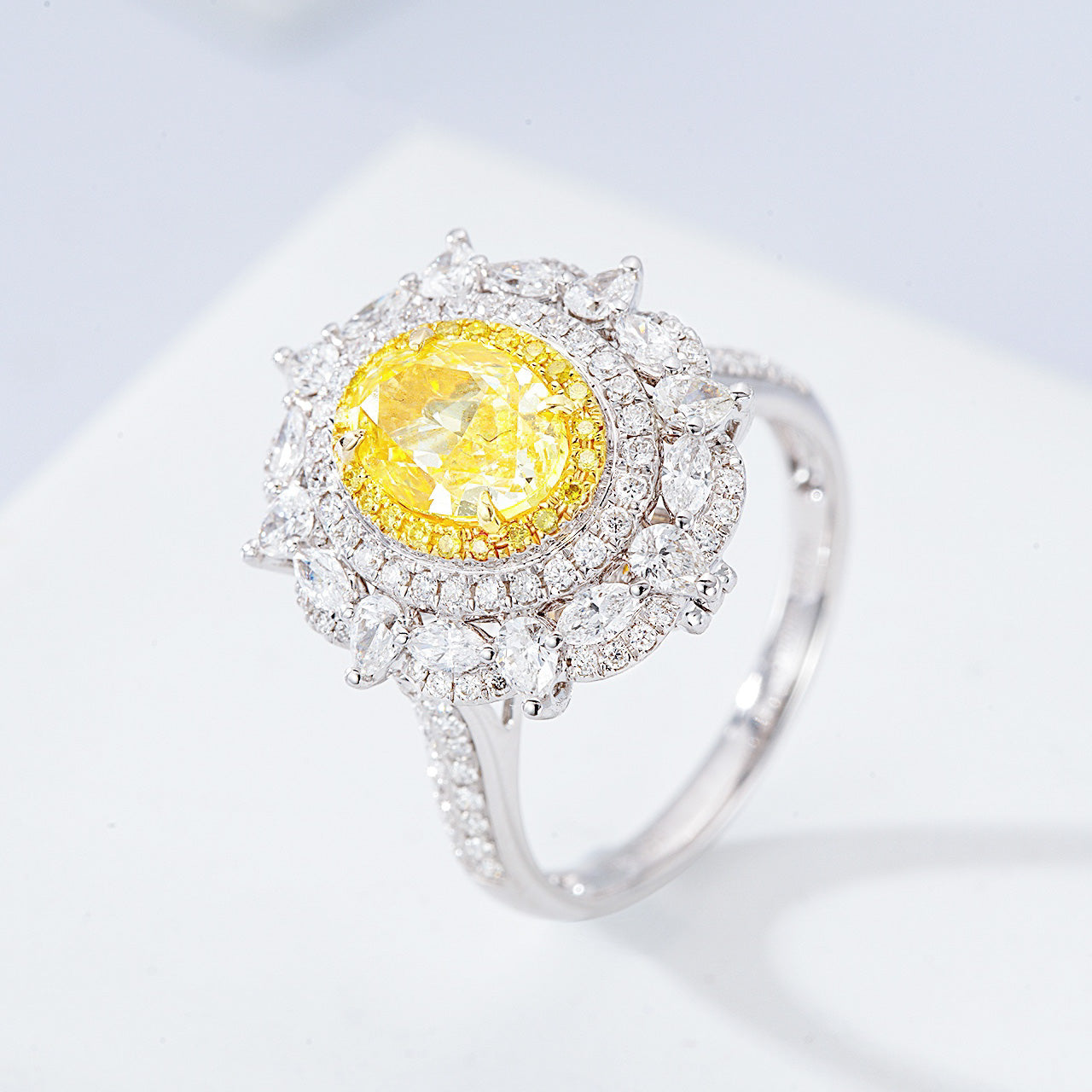 Oval Cut Yellow Diamond Double Halo Engagement Ring with Floral Marquise Diamond Accents -Side Angle