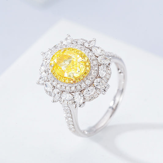 Oval Cut Yellow Diamond Double Halo Engagement Ring with Floral Marquise Diamond Accents
