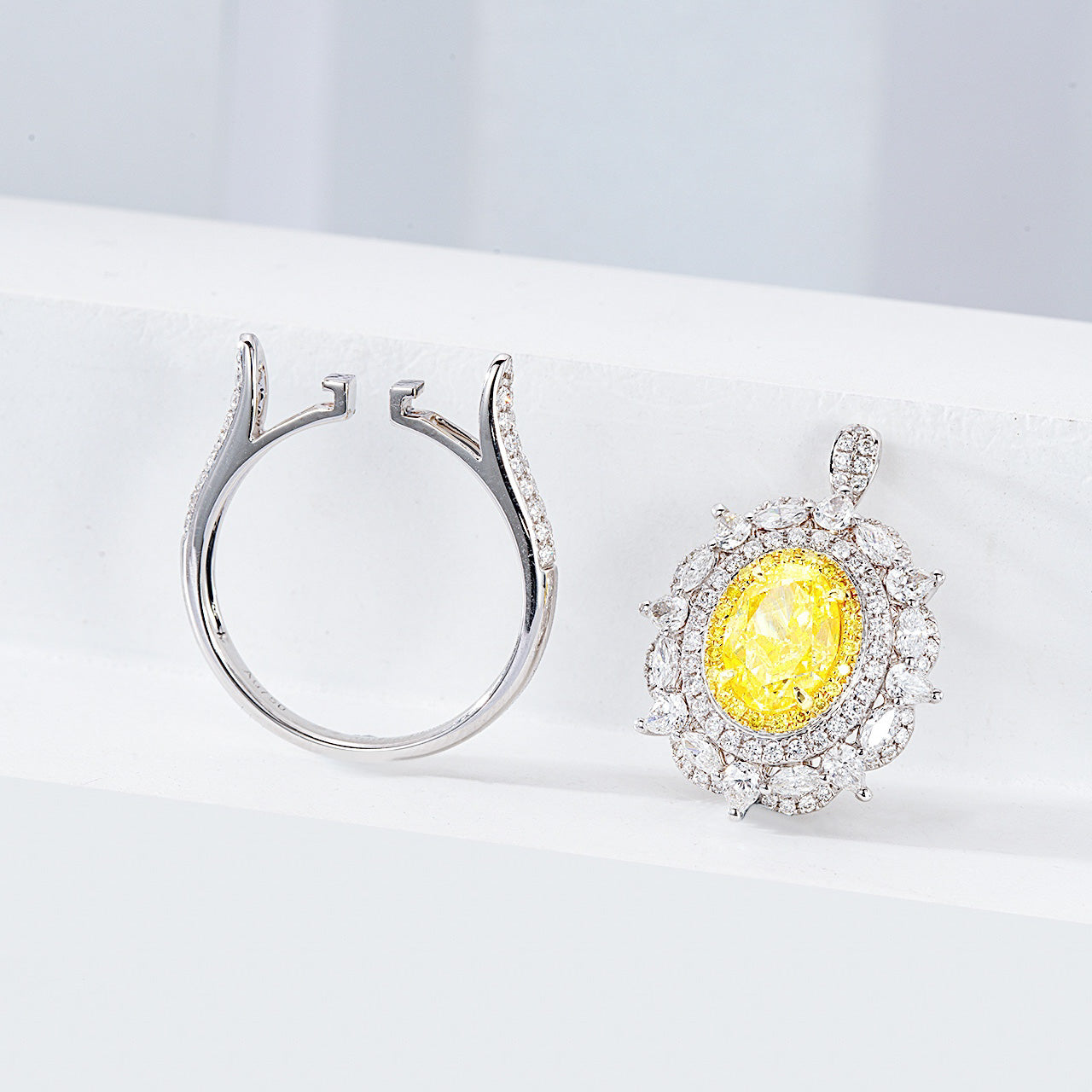 Oval Cut Yellow Diamond Double Halo Engagement Ring with Floral Marquise Diamond Accents -Top View
