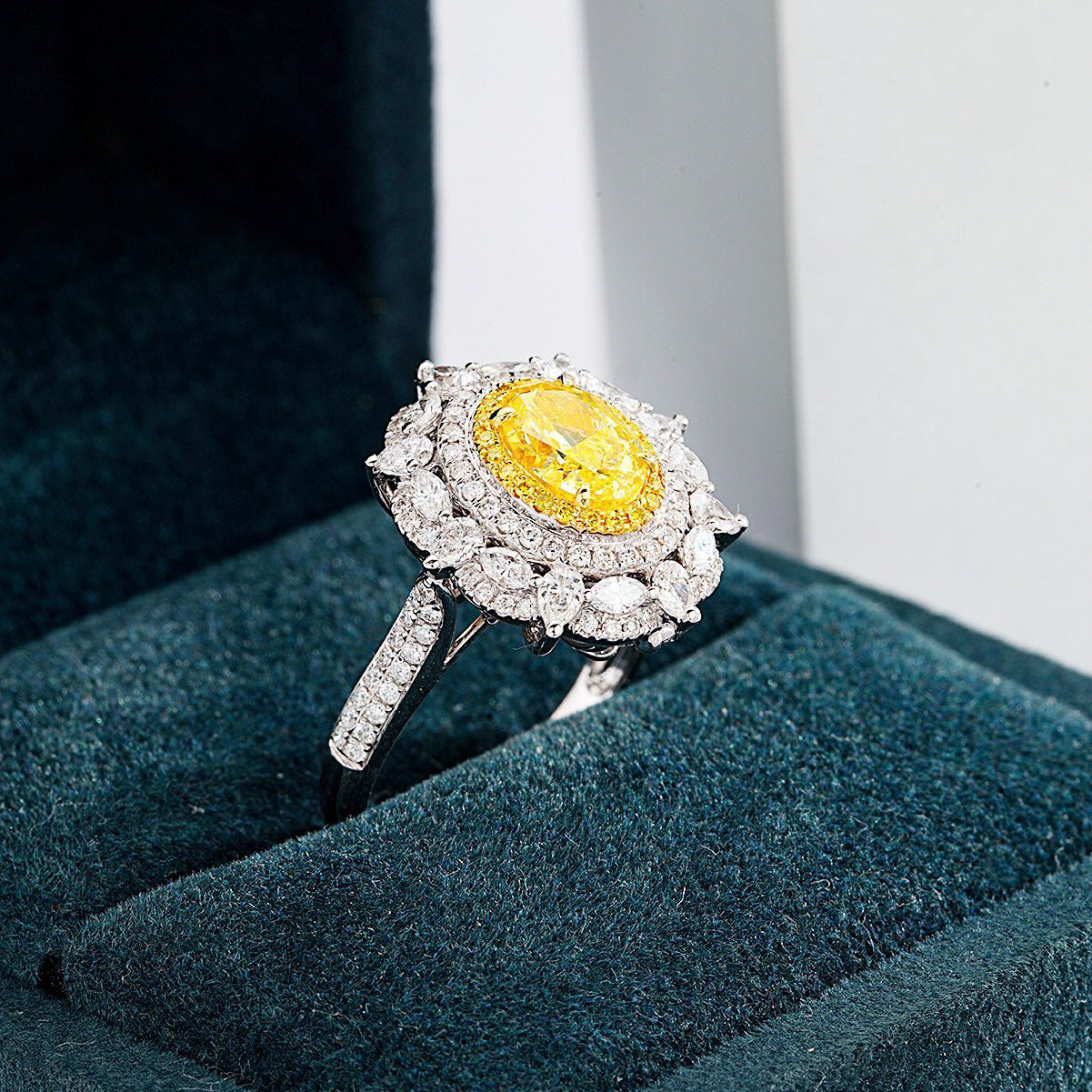Oval Cut Yellow Diamond Double Halo Engagement Ring with Floral Marquise Diamond Accents -Perspective Close-up