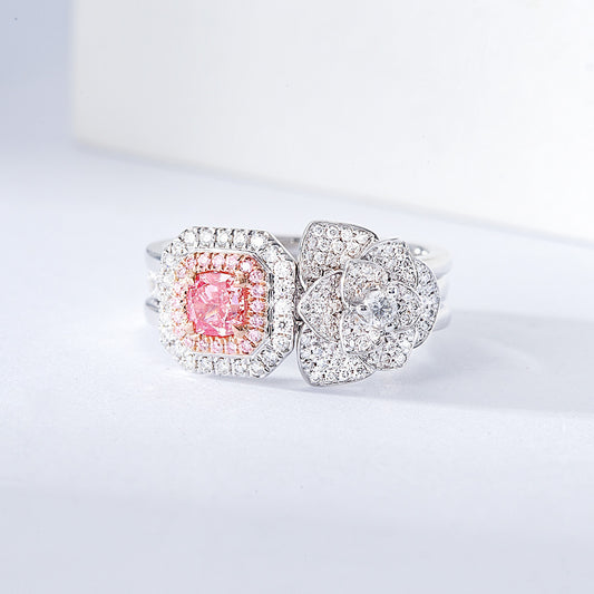 Convertible Cushion Cut Pink Diamond and Flower Design Ring Set