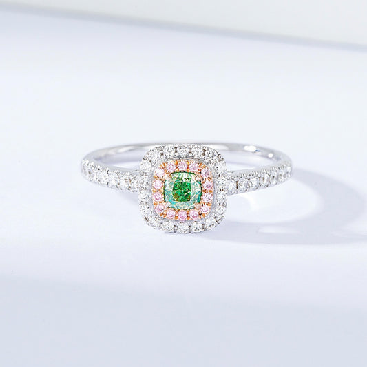 Cushion Cut Green Diamond Ring with Double Halo Design