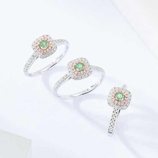 Cushion Cut Green Diamond Ring with Double Halo Design
