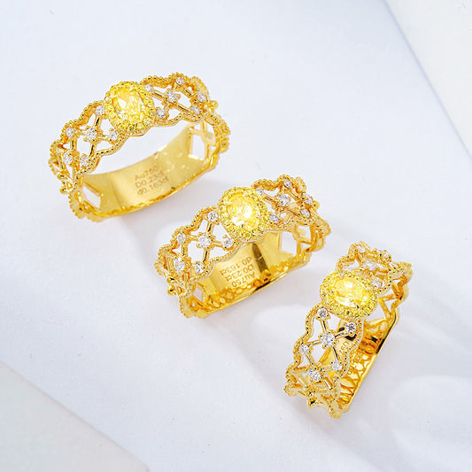 Oval Yellow Diamond Gold Ring with Intricate Filigree Design