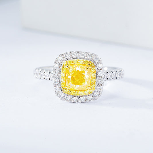 Cushion Cut Yellow Diamond Engagement Ring with Pavé Halo Setting in 18K White Gold