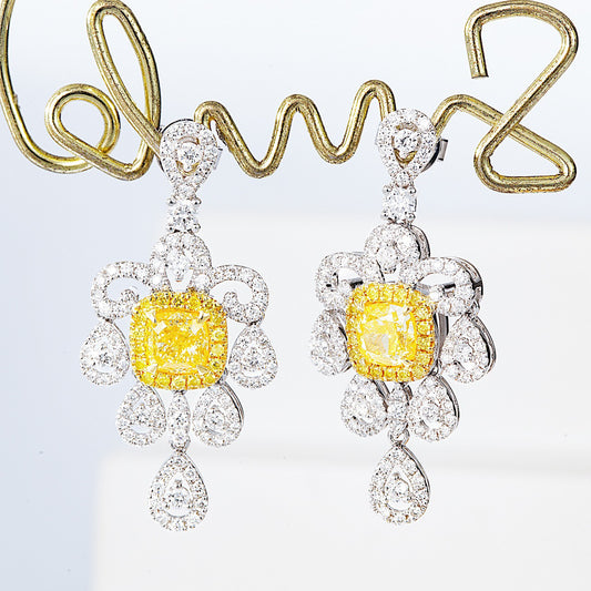 Luxe Cushion Cut Yellow Diamond Drop Earrings in White Gold
