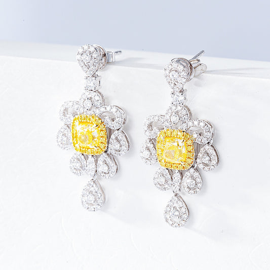 Luxe Cushion Cut Yellow Diamond Drop Earrings in White Gold