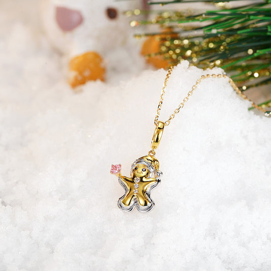 Pink Diamond Christmas Gingerbread Man Pendant in 18K Gold