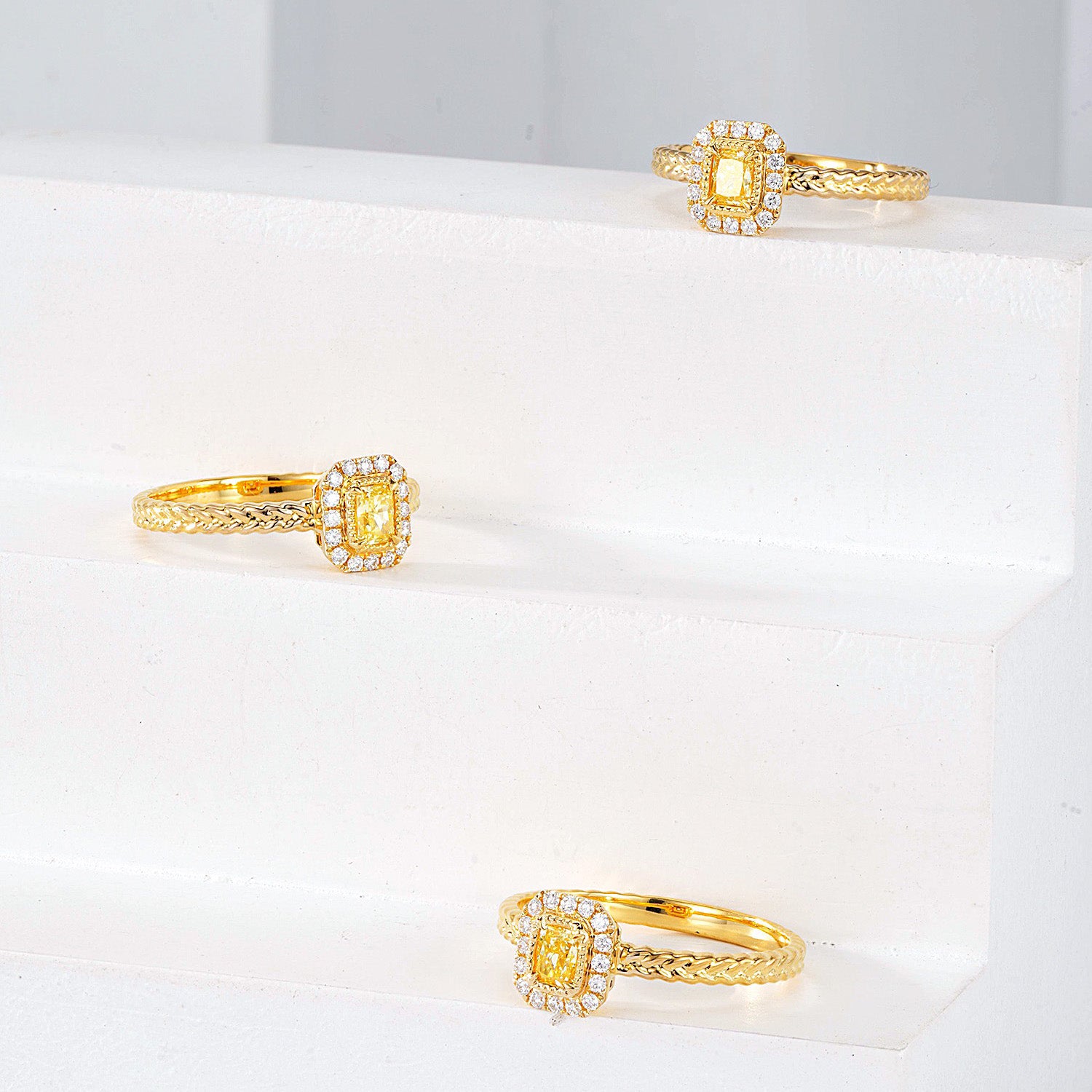 Radiant Cut Yellow Diamond Halo Ring with Braided Gold Band -Top View