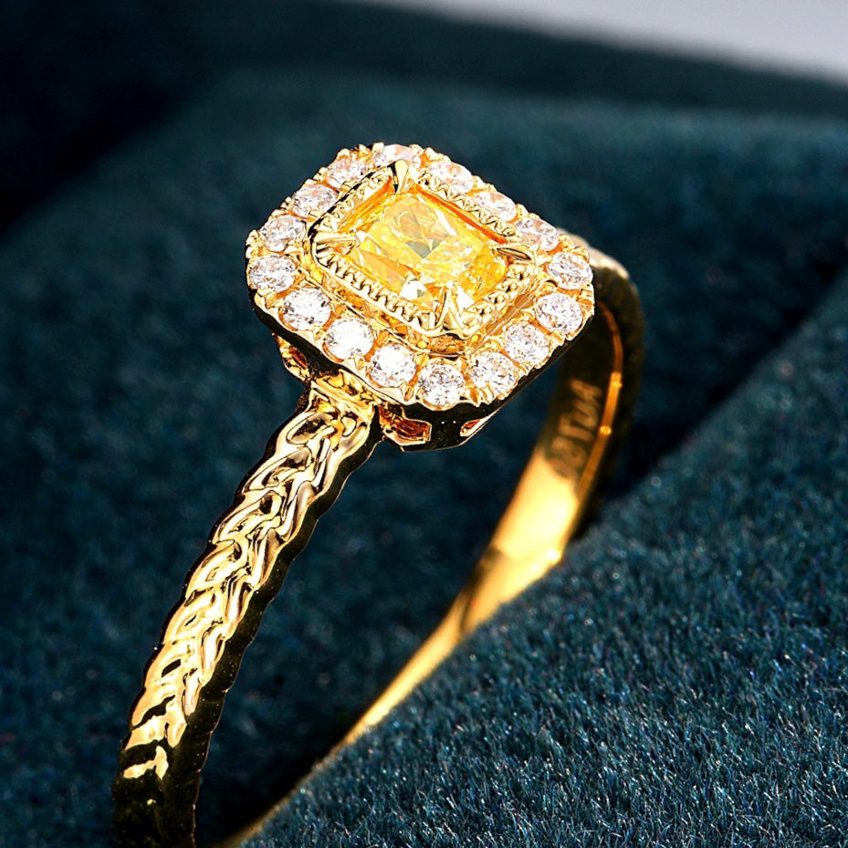 Radiant Cut Yellow Diamond Halo Ring with Braided Gold Band -Perspective Close-up