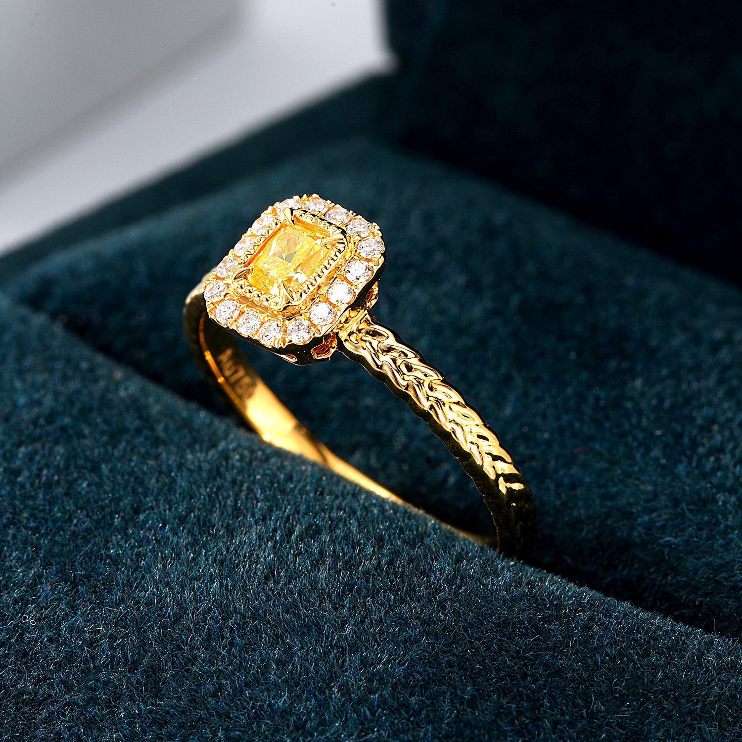 Radiant Cut Yellow Diamond Halo Ring with Braided Gold Band -In-Box Display