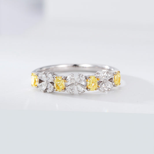 Yellow Diamond Four-Leaf Clover Band Ring with Row of Stones in 18K White Gold