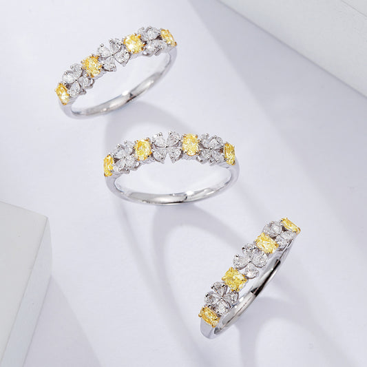Yellow Diamond Four-Leaf Clover Band Ring with Row of Stones in 18K White Gold