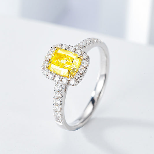Elongated Cushion Cut Yellow Diamond Halo Engagement Ring with Pavé Band