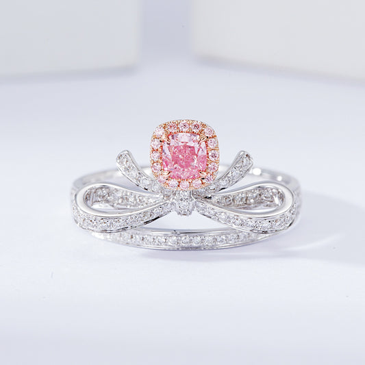 Cushion Cut Pink Diamond Ring with Bow Design