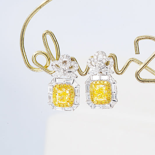 Cushion Cut Yellow Diamond Drop Earrings in White Gold