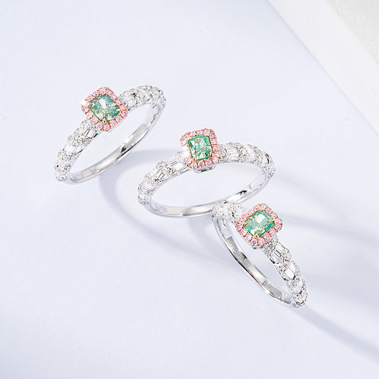 Cushion Cut Green Diamond Ring with Pink Halo and Diamond Band