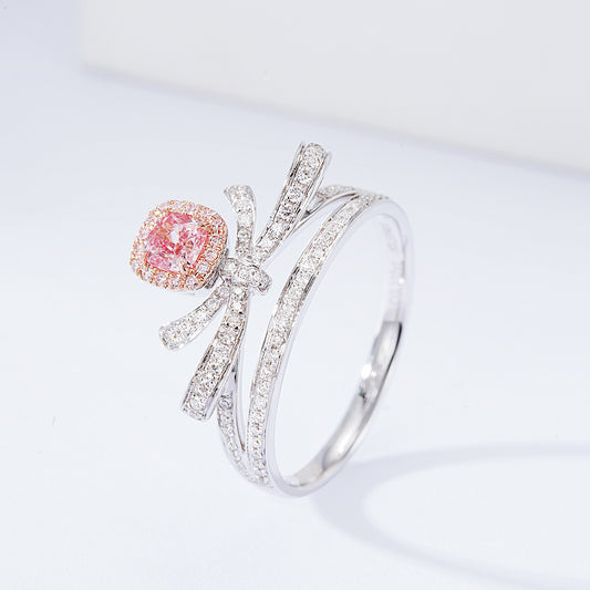 Cushion Cut Pink Diamond Ring with Bow Design