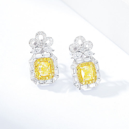 Cushion Cut Yellow Diamond Drop Earrings in White Gold