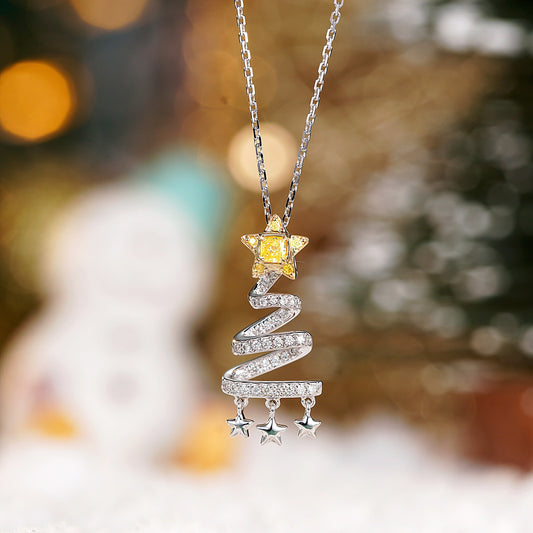 Christmas Yellow Diamond Christmas Tree Pendant in 18K White Gold