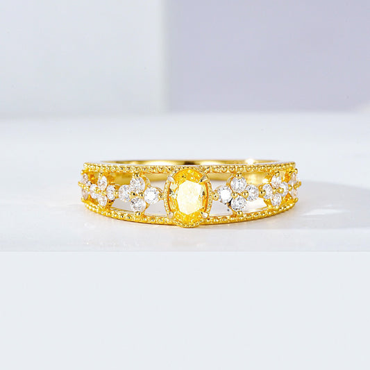 Oval Cut Yellow Diamond Floral Inspired Yellow Gold Ring
