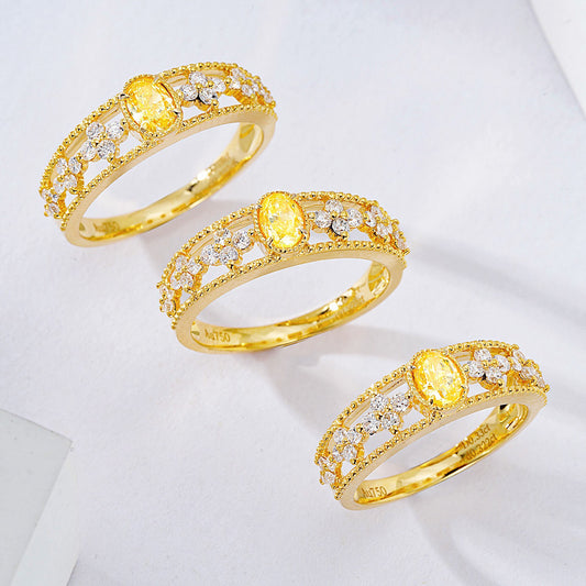 Oval Cut Yellow Diamond Floral Inspired Yellow Gold Ring