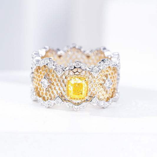 Cushion Cut Yellow Diamond Honeycomb Ring in Two Tone Gold