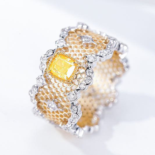 Cushion Cut Yellow Diamond Honeycomb Ring in Two Tone Gold