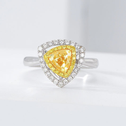 Triangular Yellow Diamond Engagement Ring with Double Halo Setting