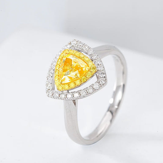 Triangular Yellow Diamond Engagement Ring with Double Halo Setting